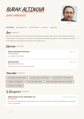 Çevre Mühendisi CV Örnekleri cv indir
